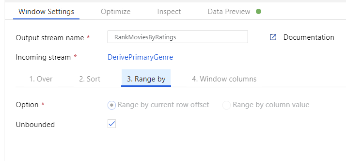 Screenshot that shows the Window transformation Bound settings configured with an unbounded range.