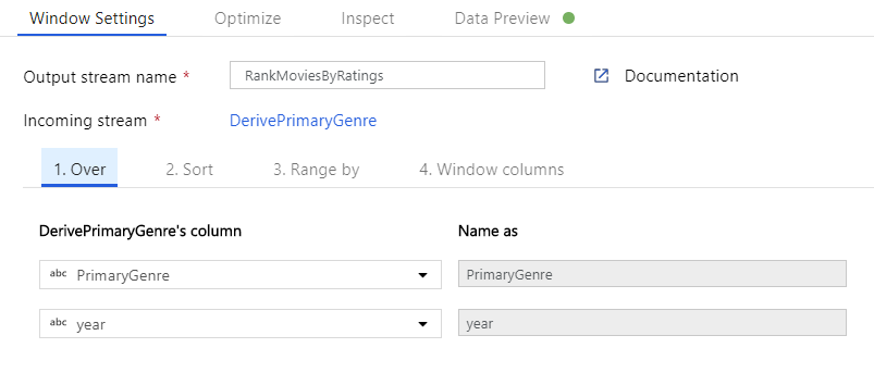 Screenshot that shows the Window transformation Over settings with PrimaryGenre and year selected.