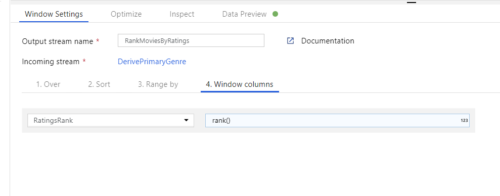 Screenshot that shows the Window transformation defining the RatingsRank column.