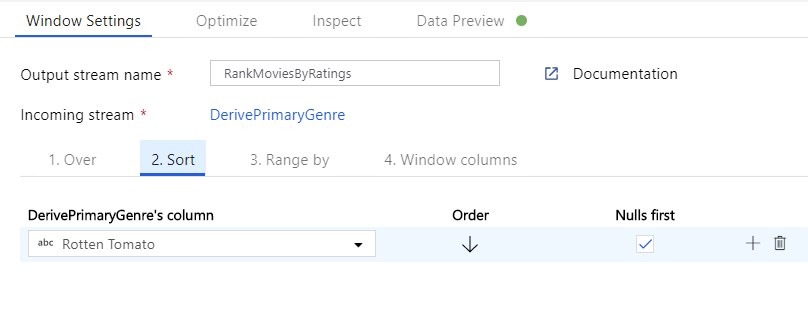 Screenshot that shows the Window transformation Sort settings with Rotten Tomato in descending order.