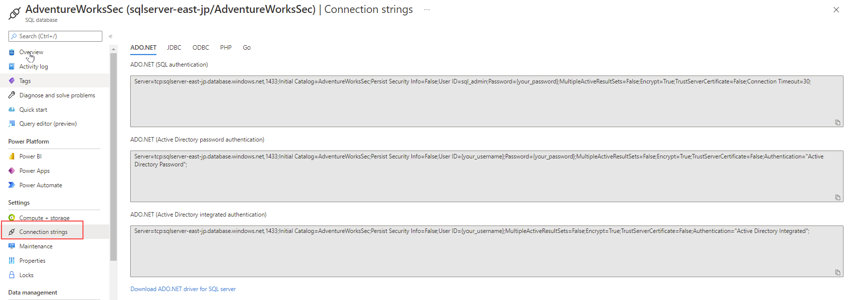 Connection string page for a selected SQL Database