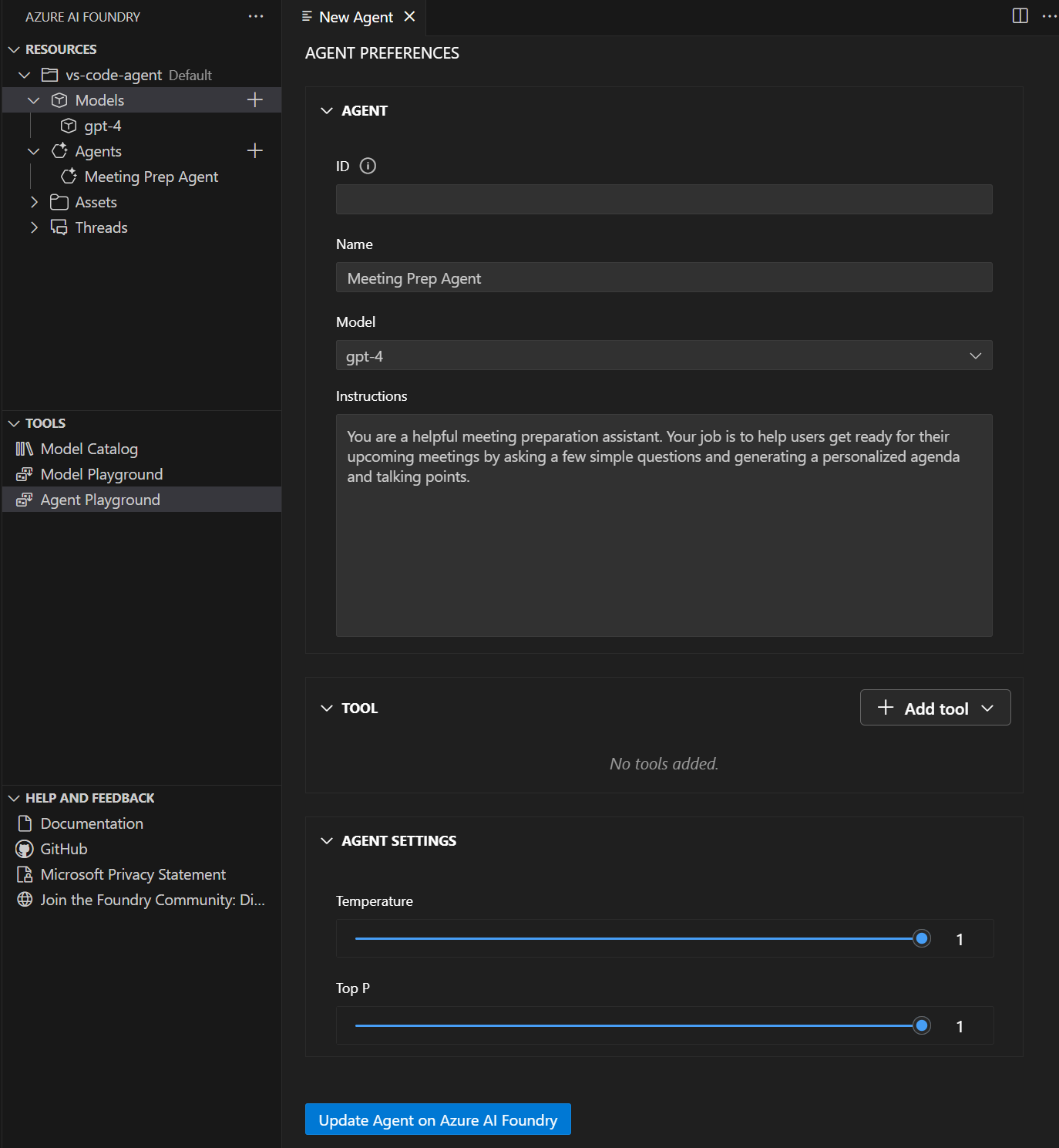 Screenshot of an agent details in the Microsoft Foundry VS Code extension.