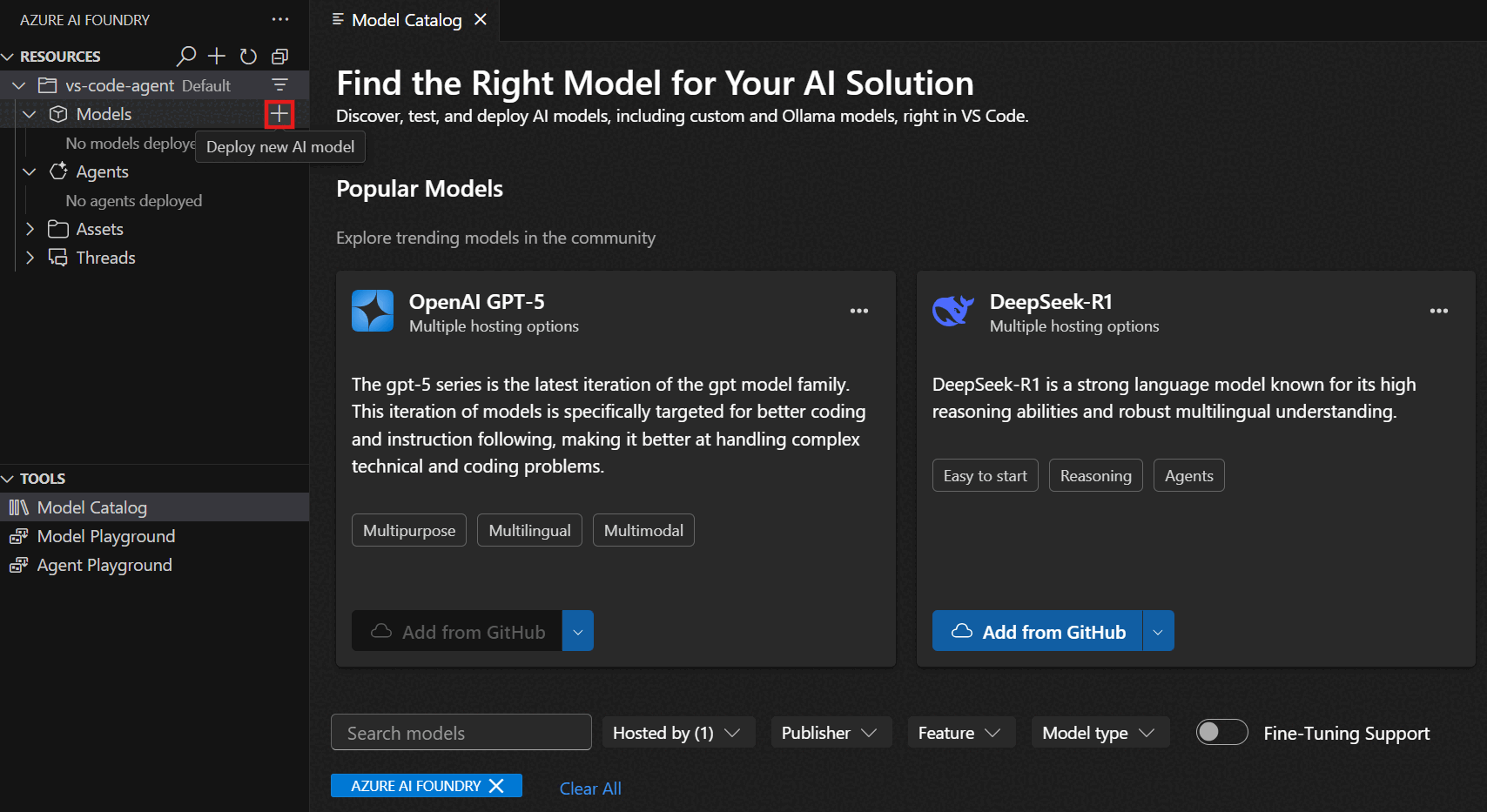 Animation of deploying a model in the Microsoft Foundry Visual Studio Code extension.