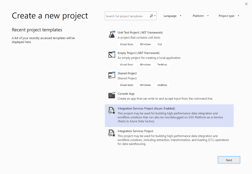 Screenshot showing the Create a new project in SSDT.