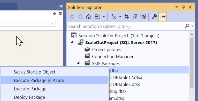 Screenshot showing the Execute Package in Azure menu item.