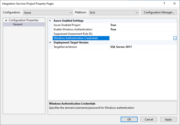 Screenshot showing the Integration Services Project Property Pages.