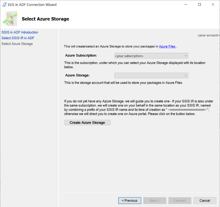 Screenshot showing how to select Azure Storage.