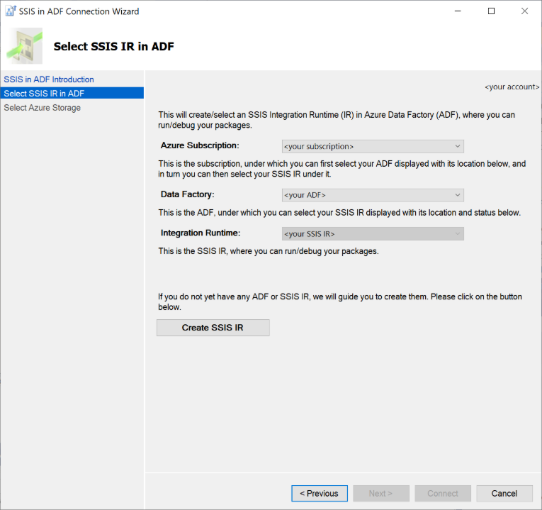 Screenshot showing how to select the SSIS IR in ADF.