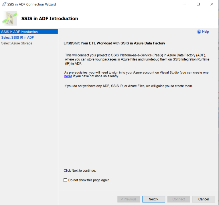 Screenshot showing SSIS in ADF Introduction page.
