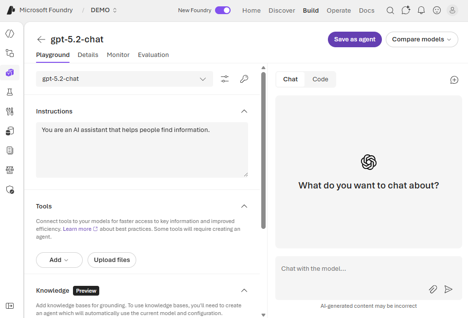Screenshot of the Model playground in Microsoft Foundry portal.