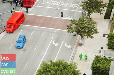 An image of a street with the pixels belonging to buses, cars, and cyclists identified