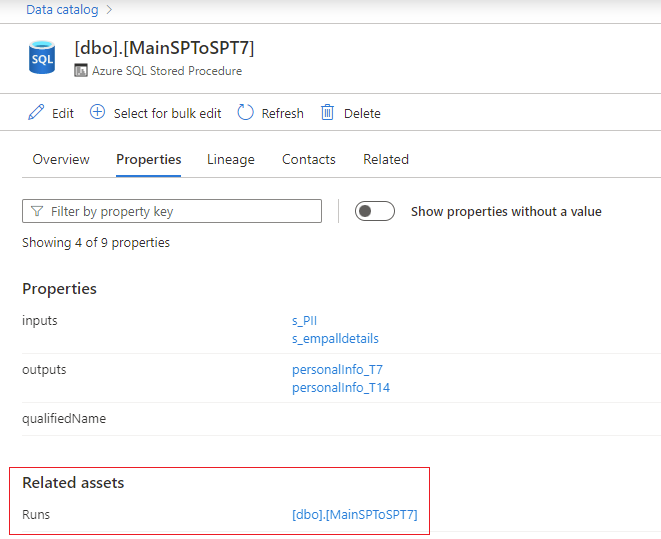 Screenshot that shows the screen with stored procedure properties containing runs.