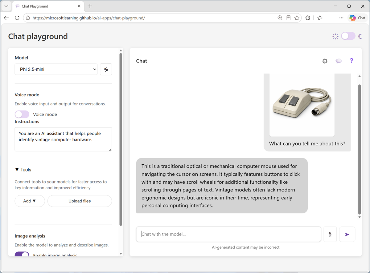 Screenshot of the chat playground app used in the lab.
