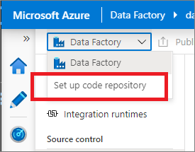 Screenshot of the Azure Data Factory authoring canvas showing the Set up Code Repository option.