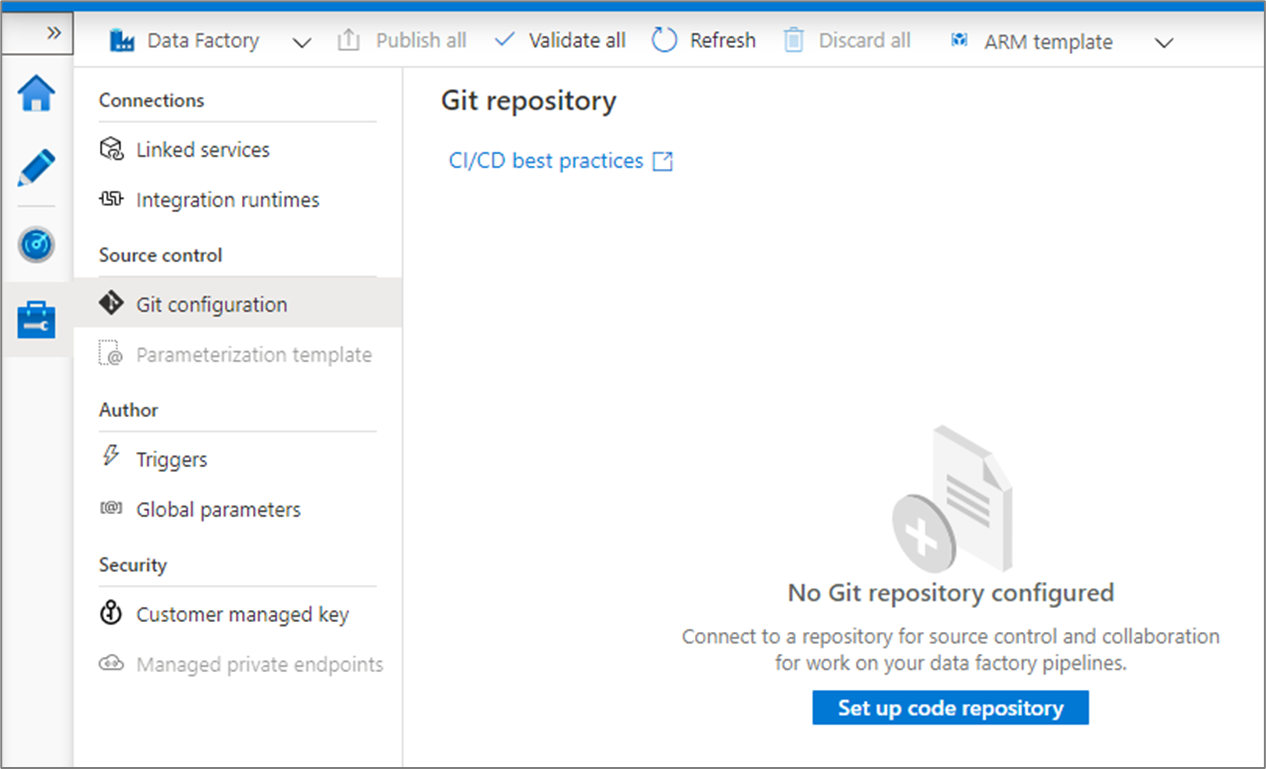 Screenshot of the management hub showing the Git configuration option in the Source control section.