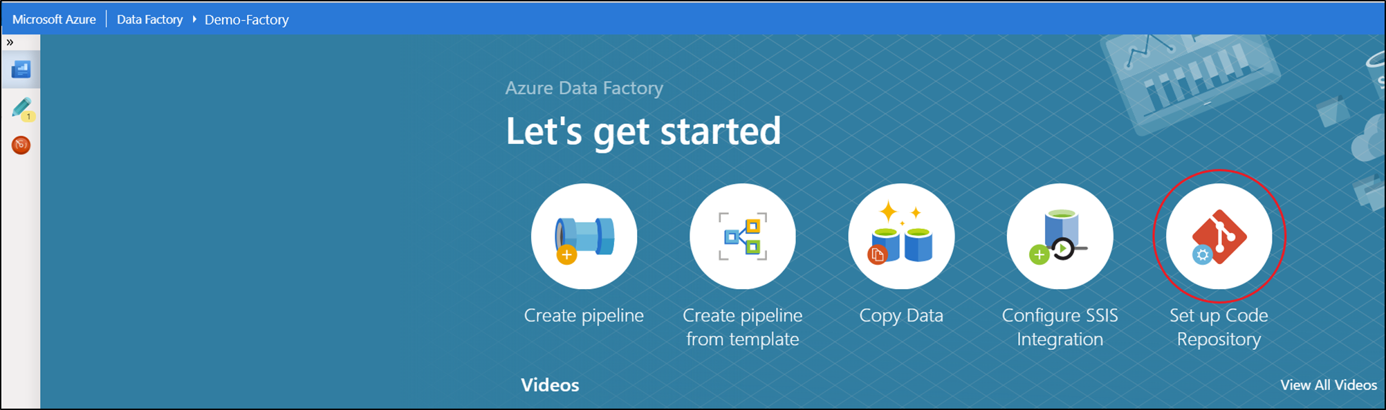 Screenshot of the Azure Data Factory home page showing the Set up Code Repository option.
