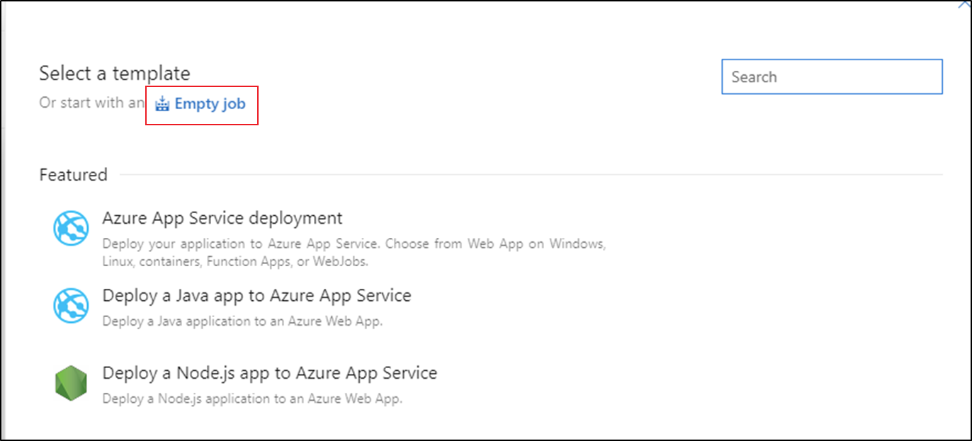 Screenshot of the Azure DevOps pipeline template selection with the Empty job option.