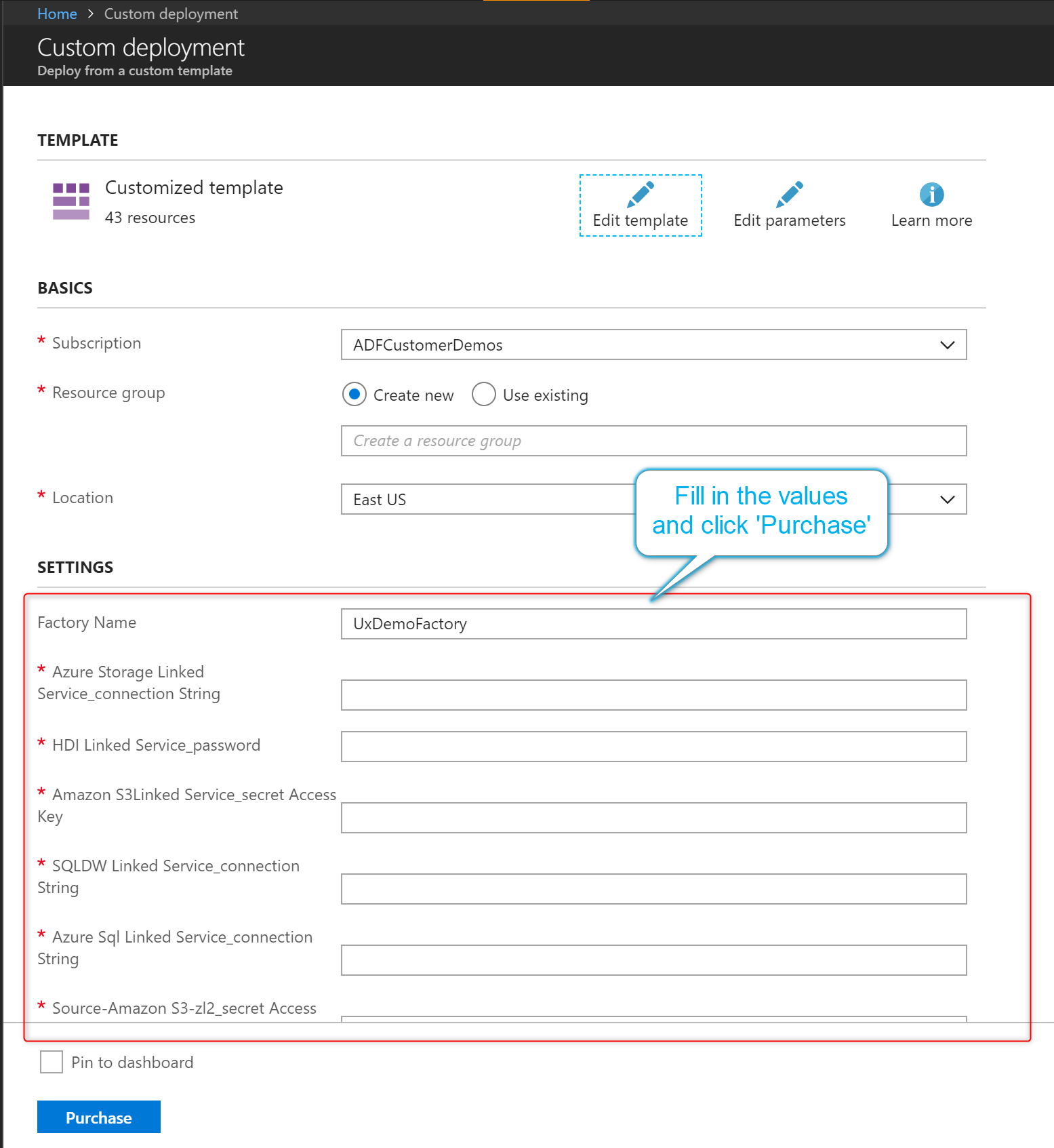 Screenshot of the Custom deployment settings for entering the values to deploy the Resource Manager template.