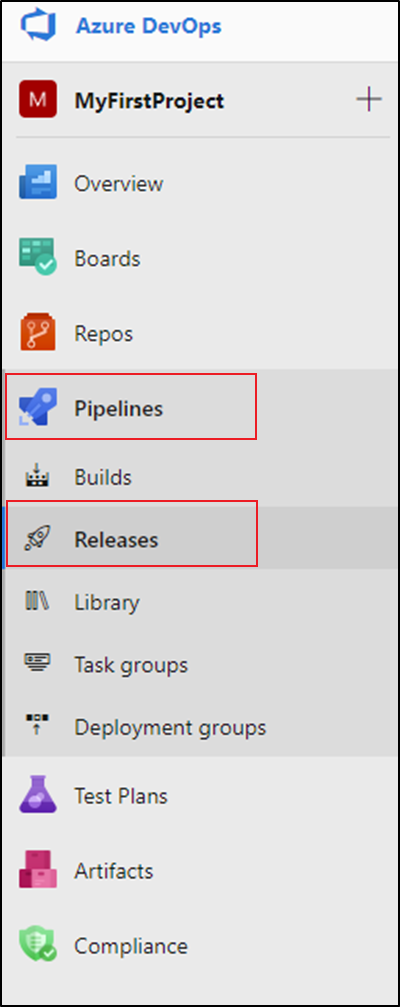 Screenshot of the Azure DevOps left navigation with Pipelines and Releases highlighted.