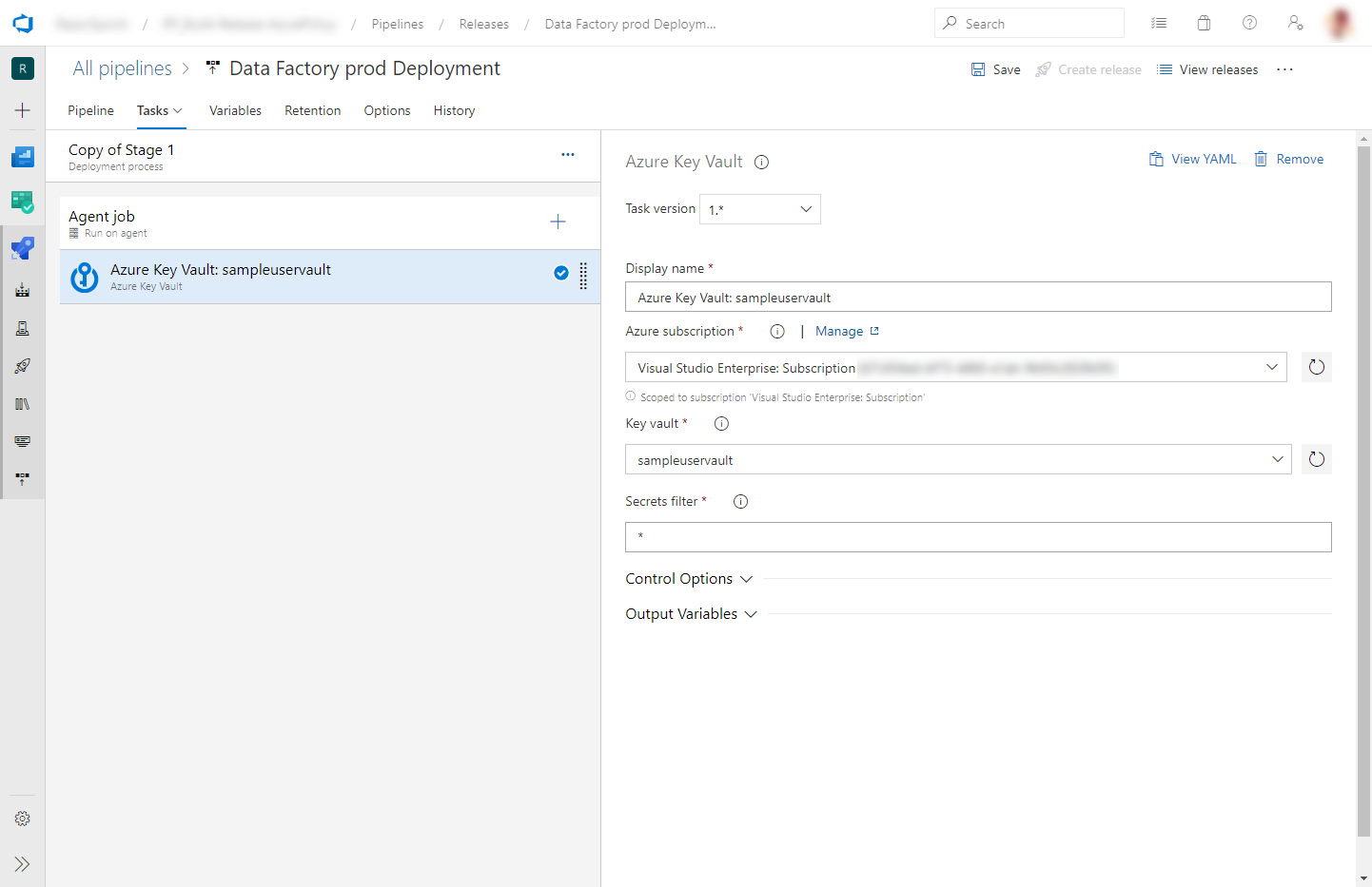Screenshot of the Azure Key Vault task configuration in the release pipeline.
