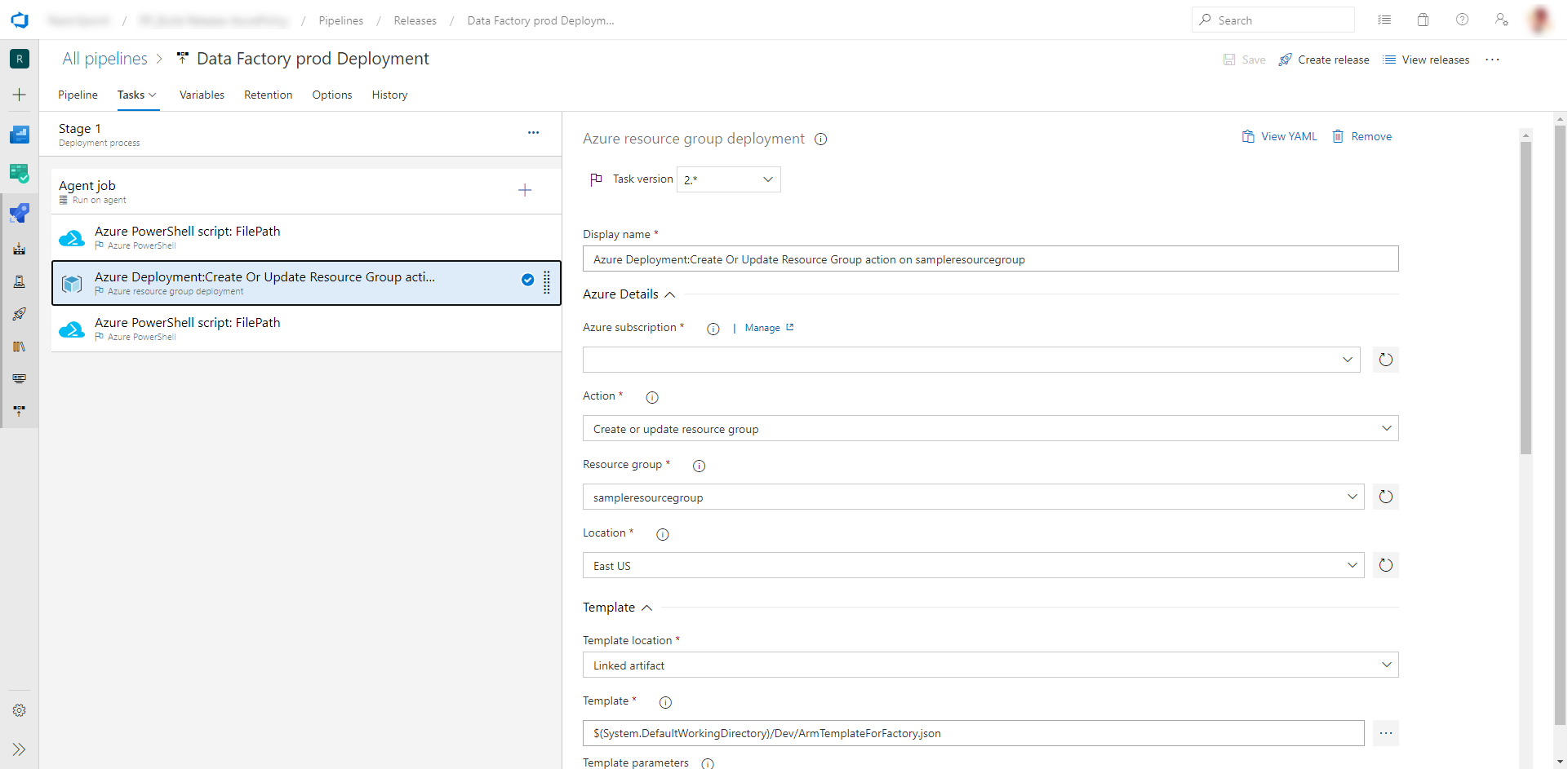 Screenshot of the Azure Resource Manager deployment task configuration for the production Data Factory.