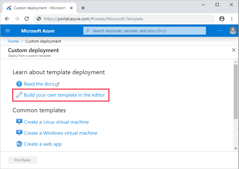 Screenshot of the custom deployment page with the Build your own template in the editor option.
