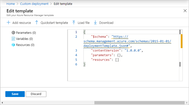 Resource Manager template editor in the Azure portal.