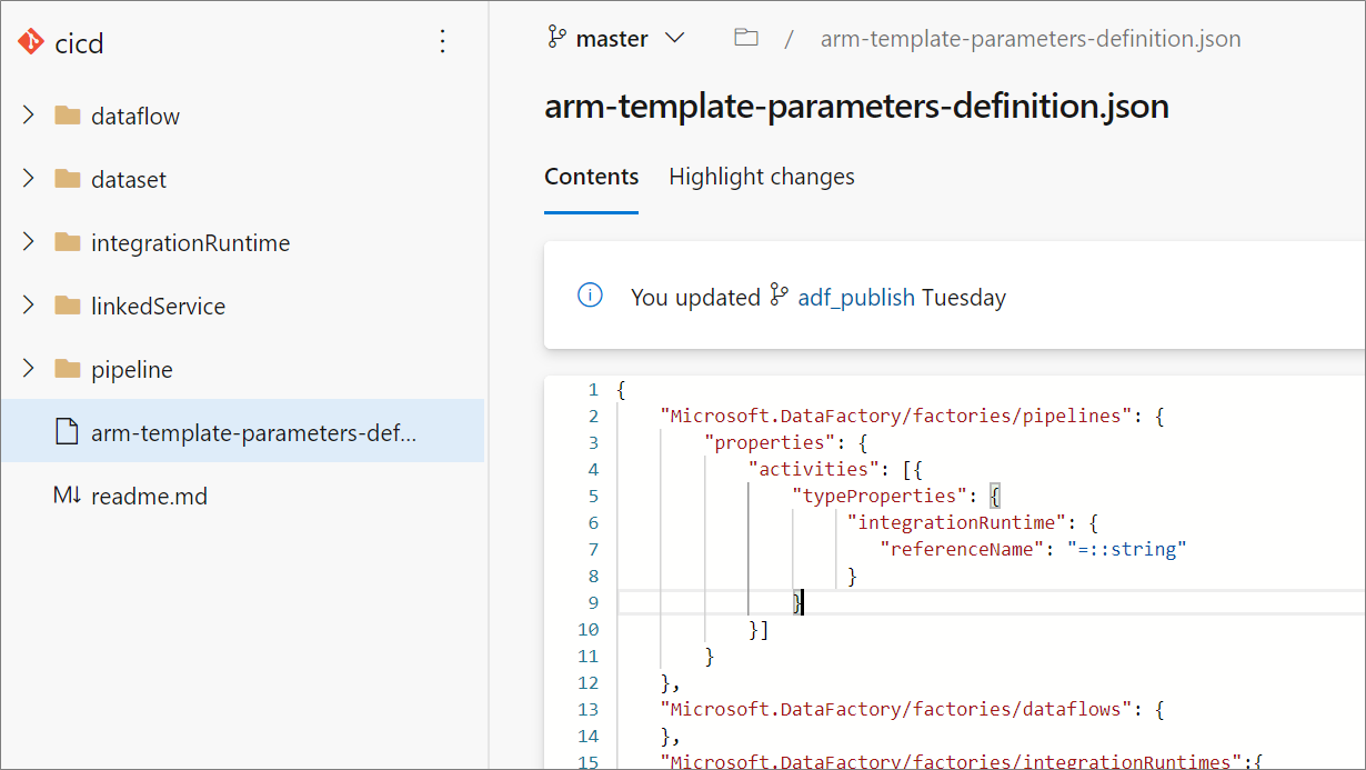 Screenshot of the custom parameters file arm-template-parameters-definition.json in the repository.