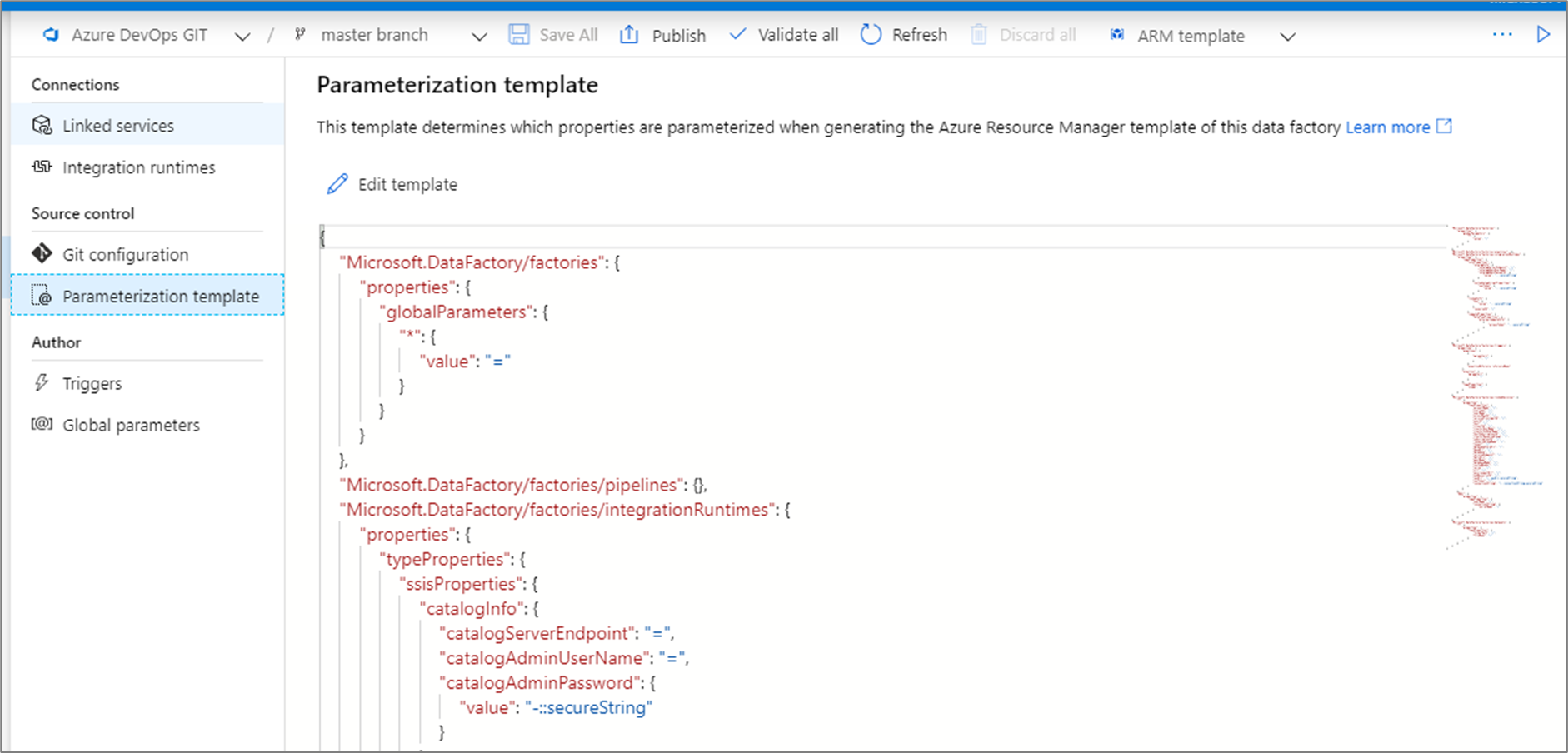 Screenshot of the management hub showing the ARM template option in the source control section.