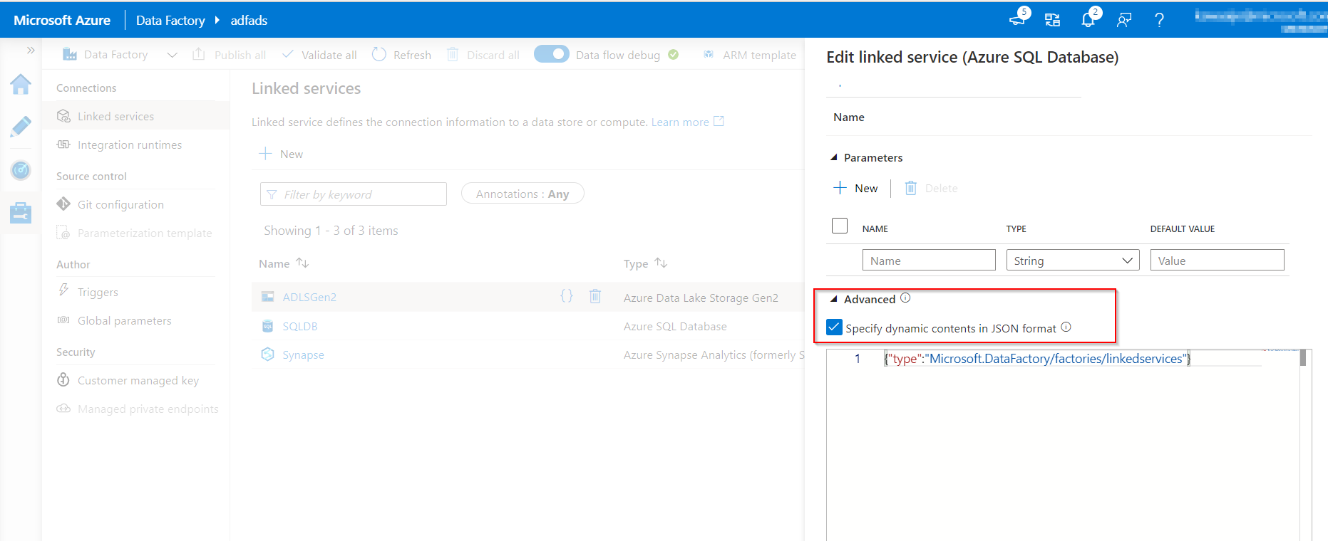 Screenshot showing the parameter settings editing JSON through UI.