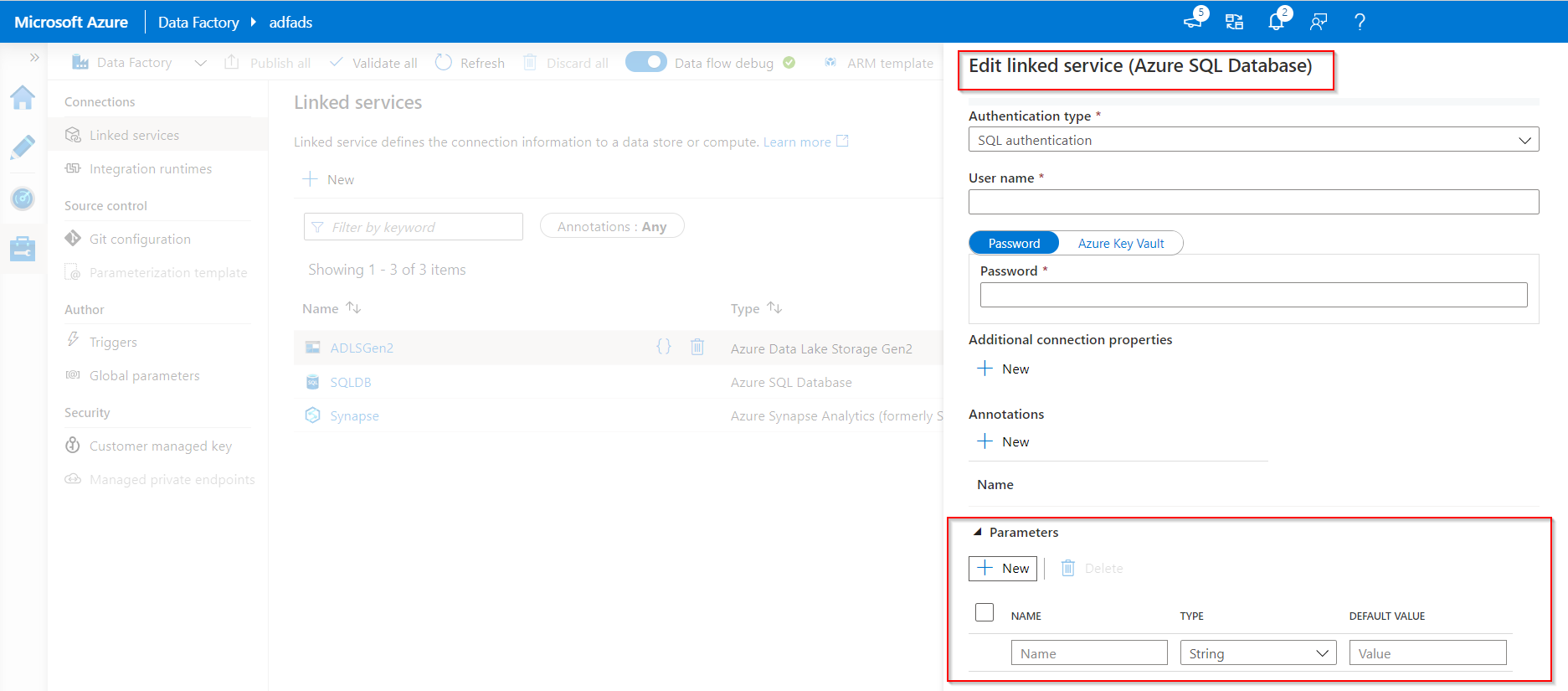 Screenshot showing the parameter settings in Linked Service.