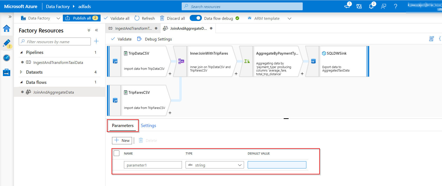 Screenshot showing the global Parameters in Dataflow in Azure Data Factory Settings.