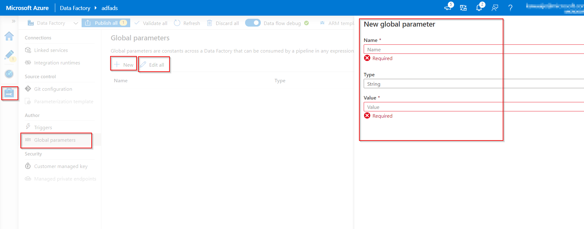 Screenshot showing the global parameters in Azure Data Factory set up.
