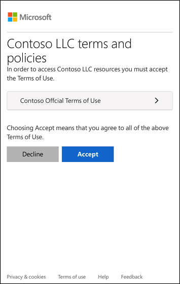 Screen capture of a terms of use notification.  User must accept the terms of use in order to continue or decline.