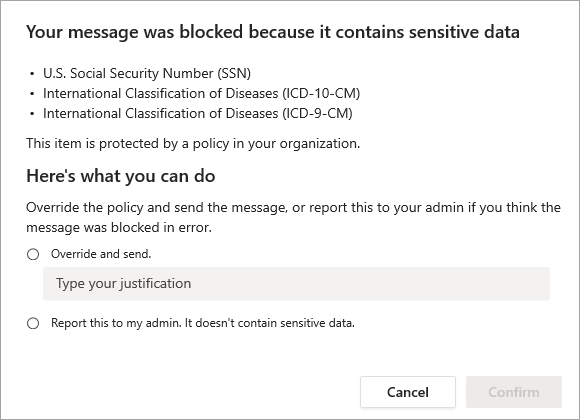 A screenshot of a DPL policy tip presented to user whose message is blocked. The tip provides information about why their message was blocked, and actions to take.