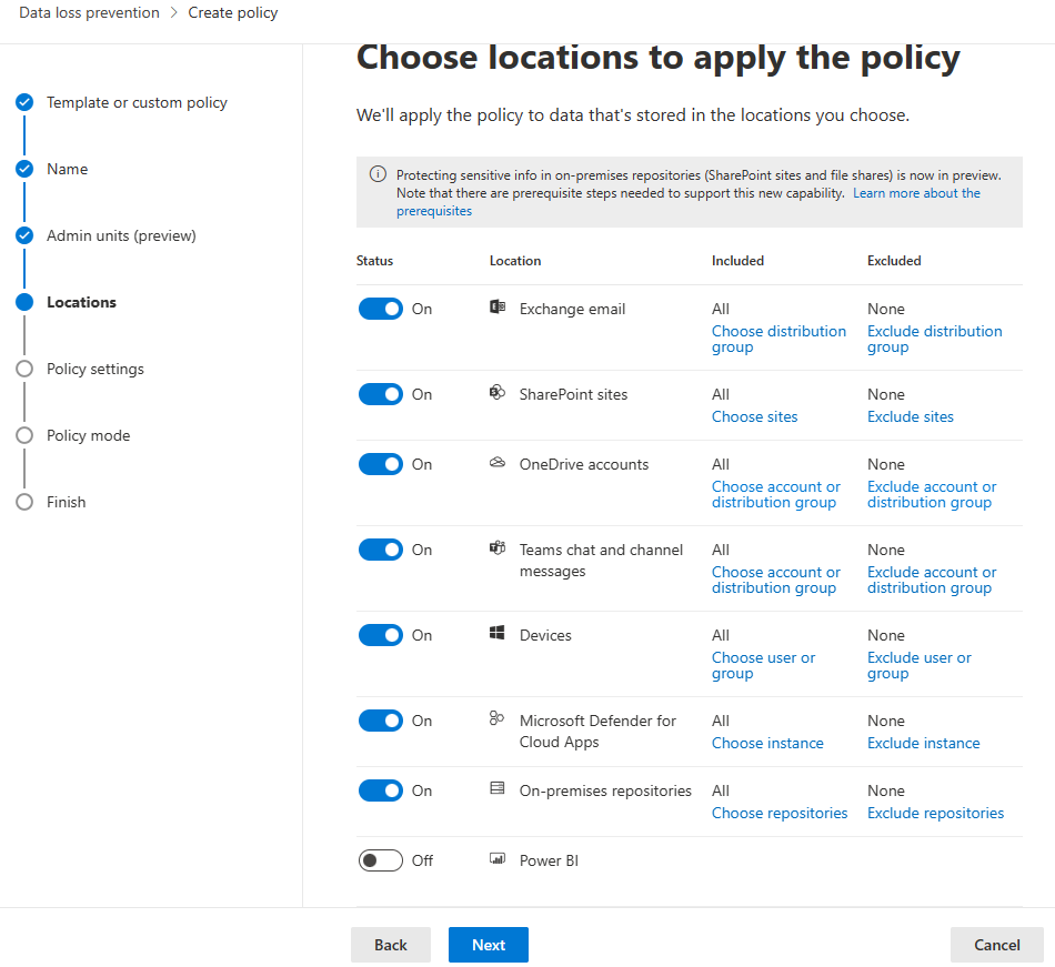A screen capture from creating a DLP policy. The screen shows the options for choosing a location to apply a DLP policy.