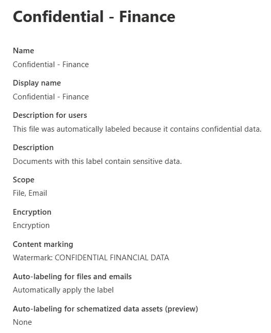 A screen capture of a sensitivity label named Confidential-Finance, which includes settings for encryption, content marking, and autolabeling for files and emails.
