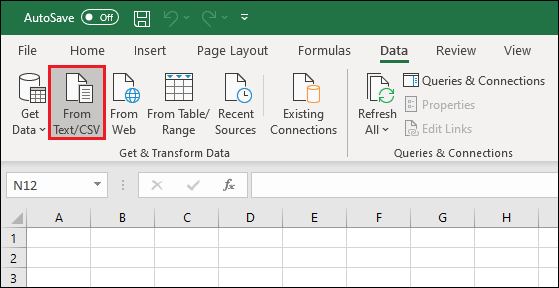 Screenshot showing the From Text/CSV button in Excel.