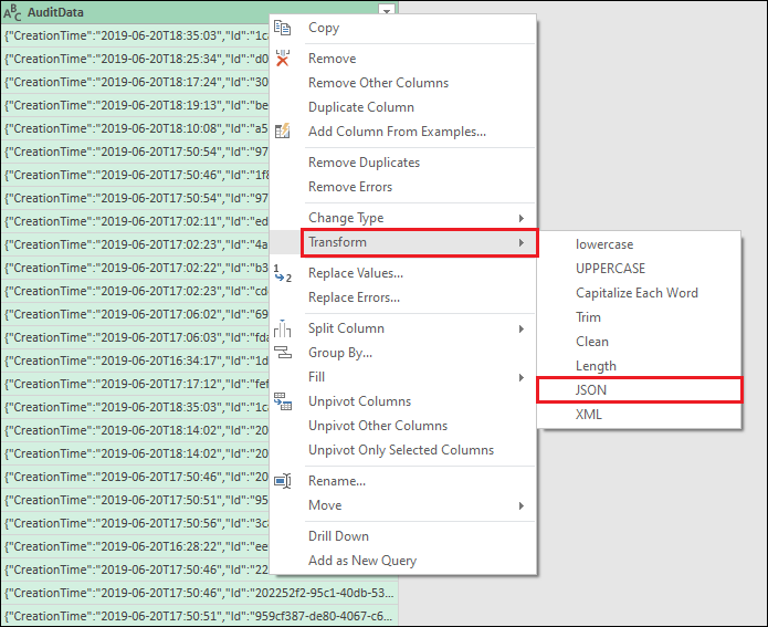 Screenshot showing where to select Transform then JSON to parse data.