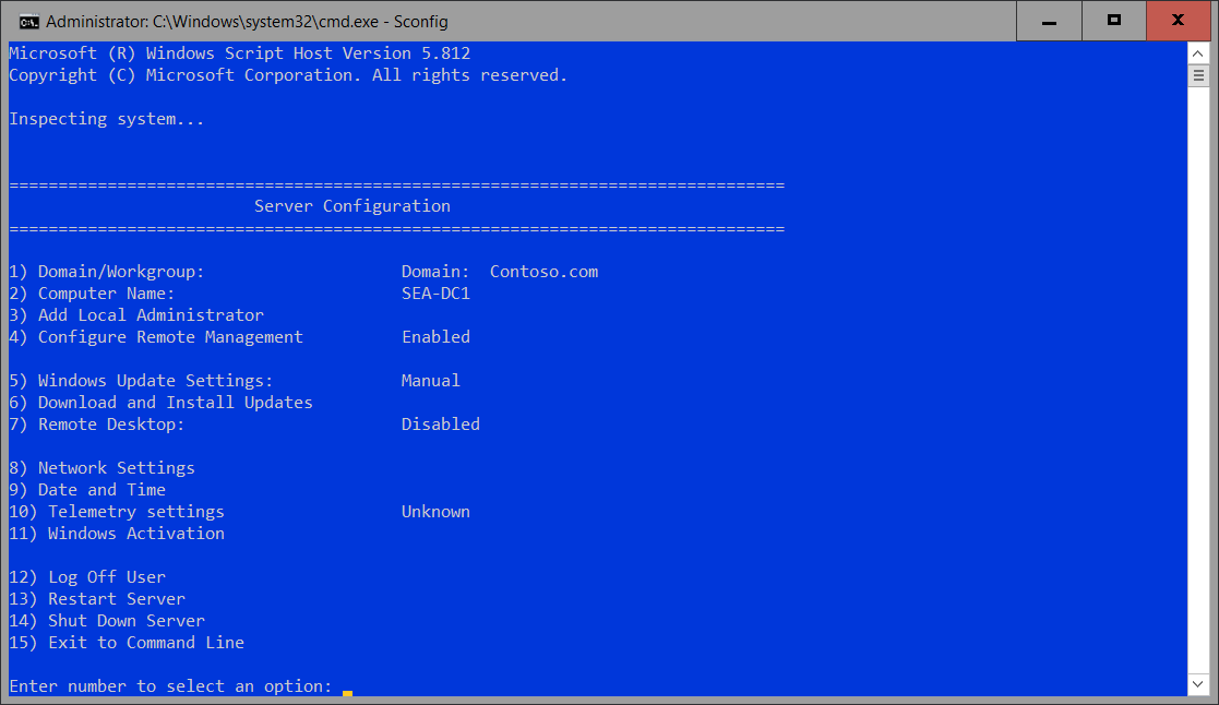 A screenshot of Sconfig in an elevated Command Prompt window.