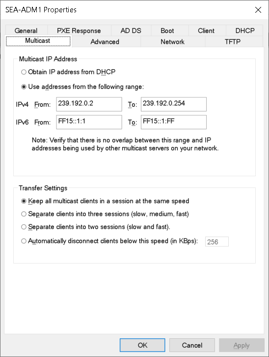 A screenshot of SEA-ADM1 Properties dialog box in Windows Deployment Services. The administrator has selected the Multicast tab, and a specified range of IPv4 and IPv6 addresses is selected.