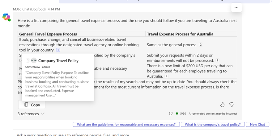 Screenshot of Copilot connector citations in Microsoft 365 Copilot Chat.