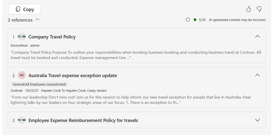 Screenshot of Copilot connector references in Copilot Chat.