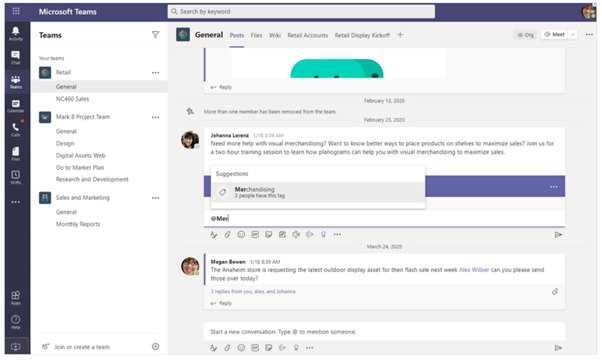 Screenshot showing channels and chat within the Microsoft Teams platform.