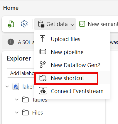 Screenshot showing the shortcut creation dialog in Microsoft Fabric with workspace and lakehouse selection options.