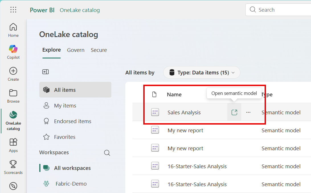 Screenshot showing a semantic model's details page in the OneLake catalog with the overview tab, tables section, and open button.