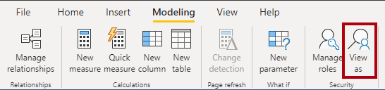 Screenshot shows the Power BI Desktop Modeling ribbon with the View as command highlighted.