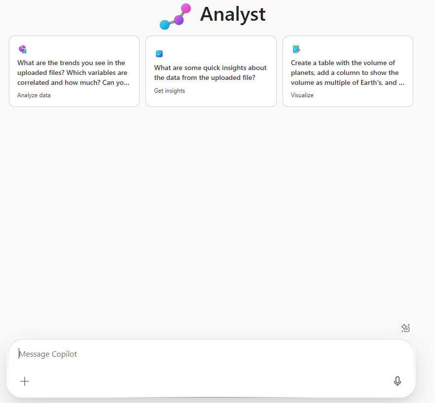 Screenshot of the prebuilt Analyst agent in Microsoft Copilot Chat.