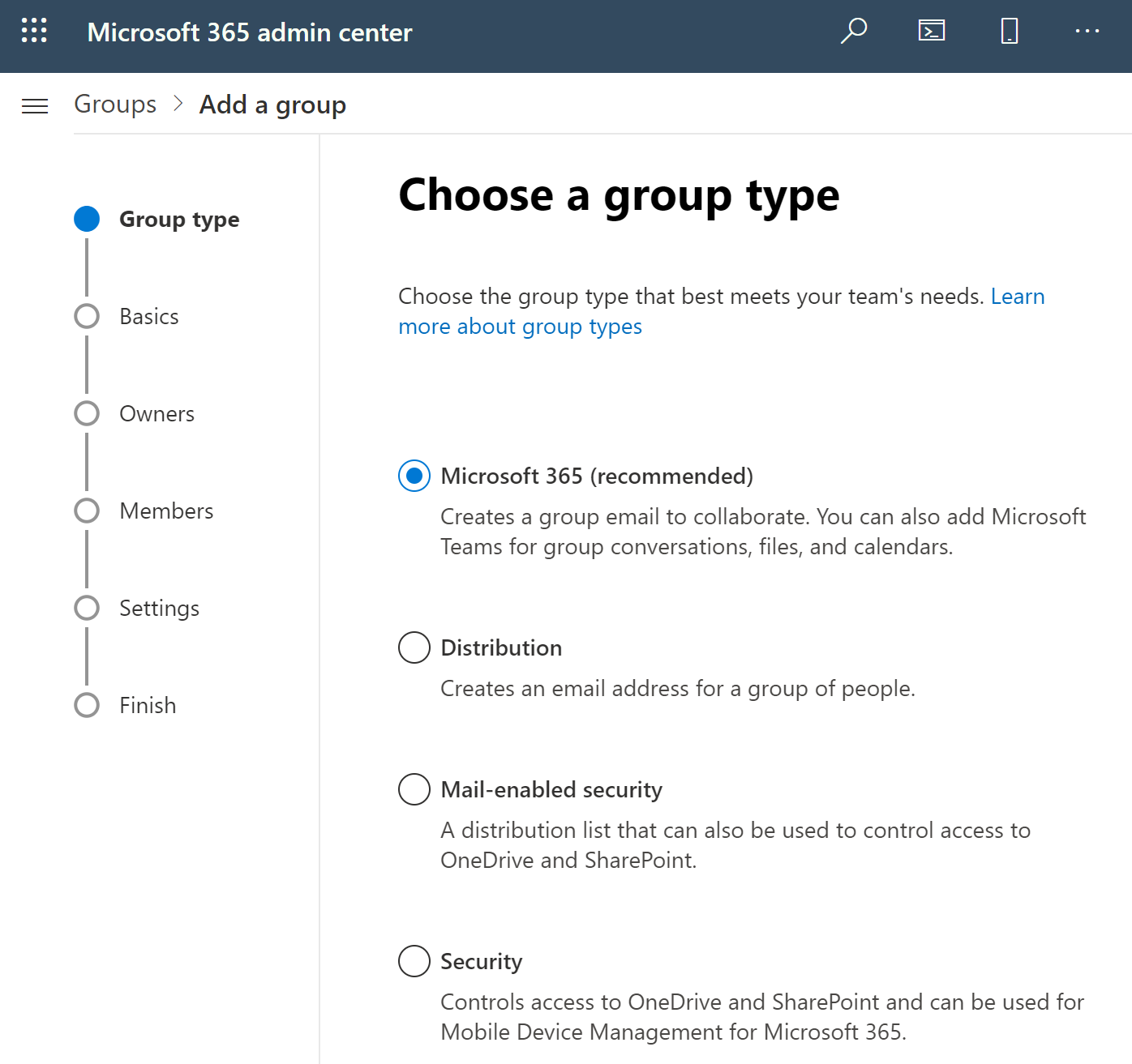 Screenshot of Create a Microsoft 365 group.