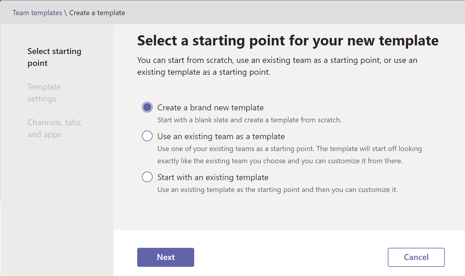 Screenshot of selecting a starting point for your new template.